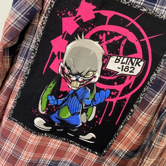 Blink 182 Shirt Adult Medium Bunny Graphic Band Logo Handmade Bleach Flannel - Picture 10 of 15